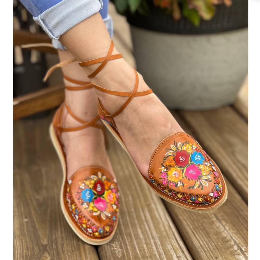 COPY - NWT. Lace up sandals. Hand painted floral leather flats. Size 10.